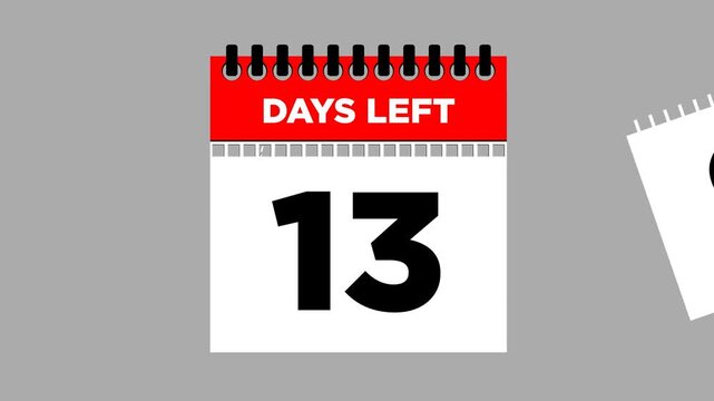 20 days left, calendar torn page flipping 2D animation, motion graphics running numbers counting days, 20 days to go, 4K HD video with Transparent background.