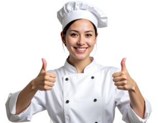 Firefly_Portrait a smiling female chef showing thumbs up, isolated on transparent background