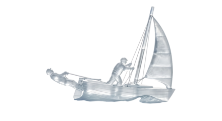 A watercolor illustration of a small sailboat with a single sail and a person at the helm, navigating the water, isolated a transparent