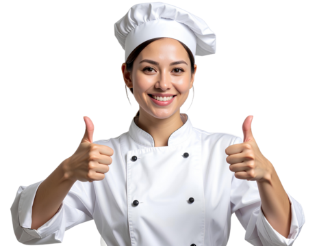 Firefly_Portrait a smiling female chef showing thumbs up, isolated on transparent background