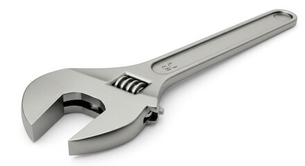 Obraz premium A metallic adjustable wrench, angled, is prominently displayed against a plain white background.