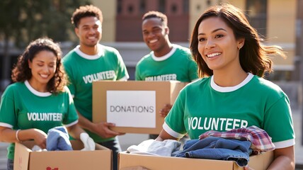 Diverse group of happy volunteers collecting donations for charity