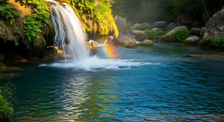 A vibrant waterfall cascades into a tranquil pool, showcasing a stunning rainbow arching over the water's surface in a lush, green forest setting.