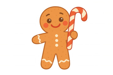 Gingerbread man cookie holding a candy cane, character illustration representing christmas holiday season baking