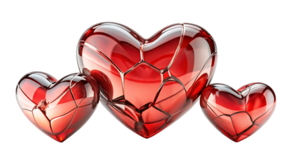 Three red glass hearts with cracks isolated on a transparent background cracked broken