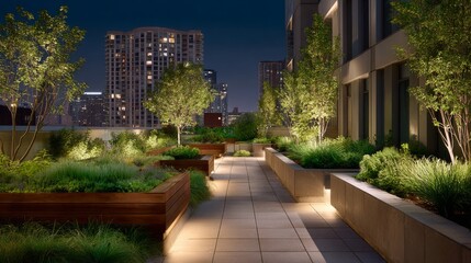 Fototapeta premium Night view of a rooftop garden with illuminated pathways planters and city skyline