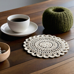 Handmade crochet coaster with a coffee cup on a table, showcasing cozy, stylish, and functional handmade decor for home interiors.