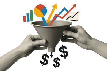 Hands holding a sales funnel with charts and dollar signs flowing out business finance isolated on a transparent background