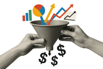 Hands holding a sales funnel with charts and dollar signs flowing out business finance isolated on a transparent background