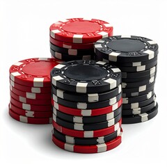 A collection of red and black poker chips stacked and ready for a high-stakes game of chance or gambling