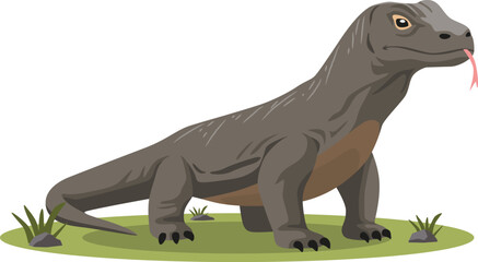 Flat 2D Vector Illustration of a Komodo Dragon Standing on Grass