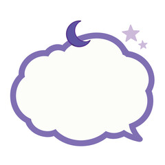 A simple purple cloud-shaped speech bubble with a crescent moon and stars, a whimsical vector illustration for night, dreams, and quiet thoughts.