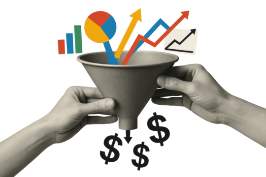 Hands holding a sales funnel with charts and dollar signs flowing out business finance isolated on a transparent background