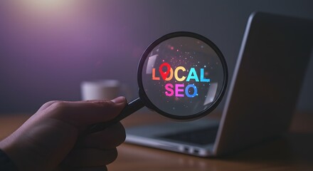 Local SEO Strategy Concept: Magnifying Glass Over 'Local SEO' Text on Laptop Background