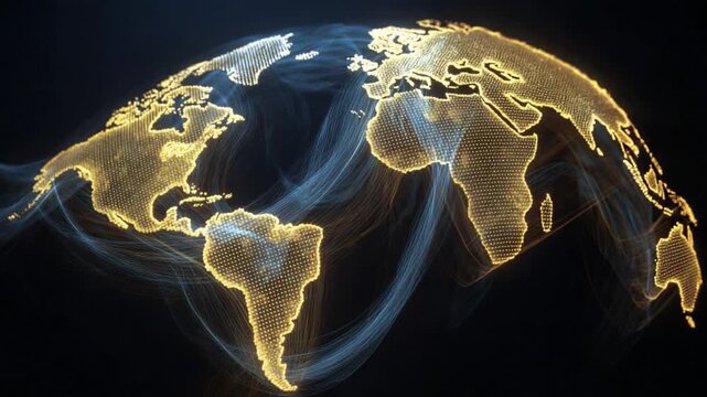 Futuristic digital animation of a golden particle world map with continents glowing. Surrounded by blue light trails representing global data streams. Network connections. And international commerce