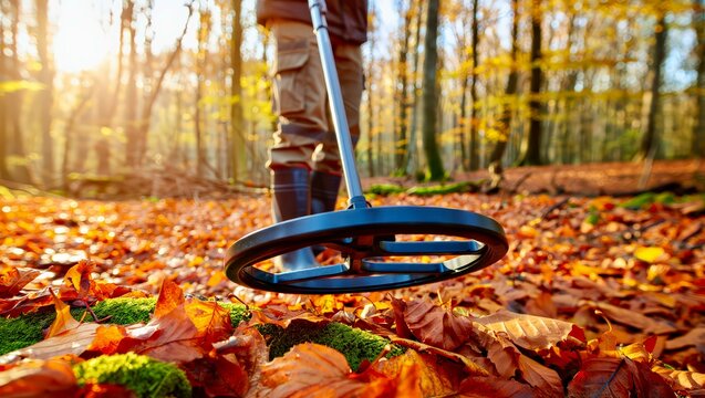 Searching with metal detector on autumn forest ground