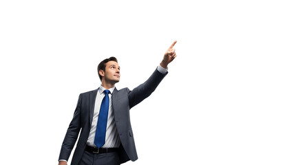 A confident businessman in a suit and tie points upwards with his index finger, isolated a transparent, symbolizing success and direction