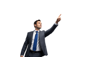 A confident businessman in a suit and tie points upwards with his index finger, isolated a transparent, symbolizing success and direction