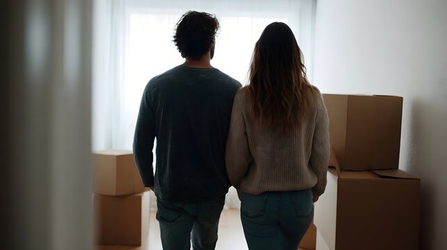 A couple walks into their new home filled with moving boxes symbolizing a fresh start and new beginnings