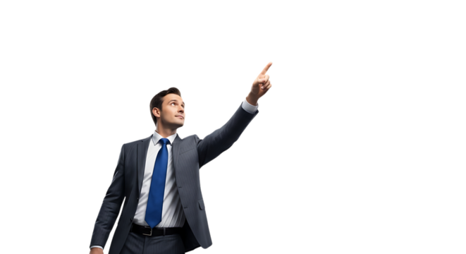 A confident businessman in a suit and tie points upwards with his index finger, isolated a transparent, symbolizing success and direction