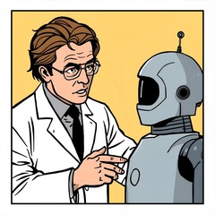 Pop art style vector of a scientist in a white coat interacting with a humanoid robot. Symbolizes innovation, research, and human‑machine collaboration. EPS‑ready for technology and education themes.