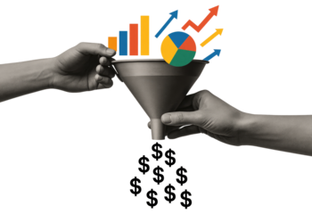 Hands passing a sales funnel with charts and a pile of dollar signs business finance isolated on a transparent background