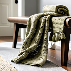 Handmade crochet throw blanket, adding cozy, decorative charm and stylish warmth to living spaces and home interiors.