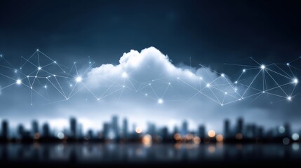 A futuristic skyline illuminated by lights, with a cloudy sky and interconnected network lines representing technology and connectivity.