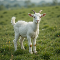 Fototapeta premium Small white goat stands on lush green field