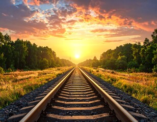 Obraz premium Golden Hour Railroad Tracks Leading Towards the Sun at Sunset with a Forest Landscape