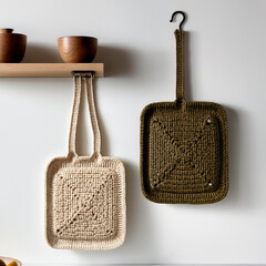 Handmade crochet heat mats hanging on a wall, adding cozy, decorative, and functional charm to kitchen and home interiors.