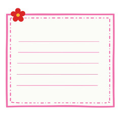 A lined memo pad with a pink dashed border and a small red flower, on a white background.