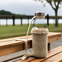 Handmade crochet water bottle holder, combining cozy craftsmanship with functional, stylish design for everyday home or outdoor use.