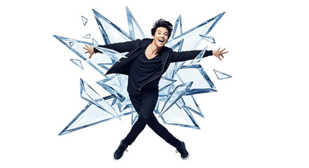 A male figure skater in a black outfit performs a dynamic pose with shattered ice fragments exploding around him, isolated a transparent