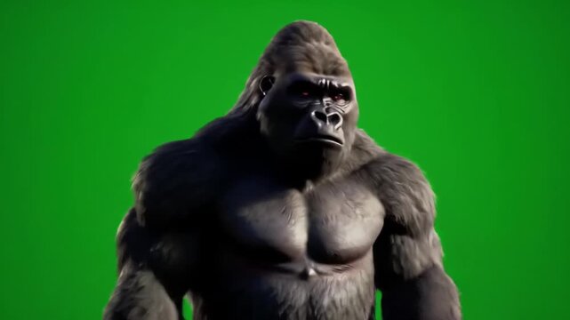 A powerful silverback gorilla with a serious expression stands against a vibrant green screen background for chroma key compositing.