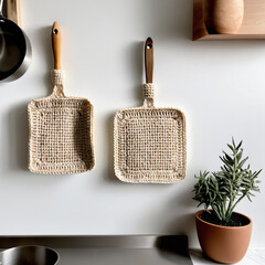 Beige handmade crochet heat mats hanging on a wall, adding cozy, decorative, and functional charm to kitchen and home interiors.