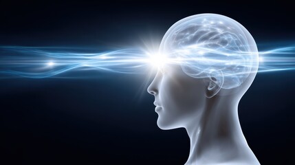 A futuristic depiction of a human head, showcasing neural connections and energy flows, symbolizing intelligence and mental processes.