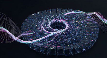 Futuristic abstract technology background with swirling glass structure and light trails