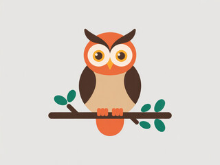 Cute cartoon owl illustration sitting on branch, wise bird character with big eyes, flat vector animal design for education, children’s books, stickers, logos, nature and wildlife themed projects