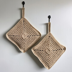 Beige handmade crochet heat mats hanging on a wall, adding cozy, decorative, and functional charm to kitchen and home interiors.