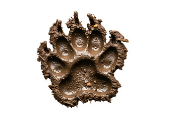 A detailed close-up view of a wet, dark brown animal footprint in mud, set against a stark black background.