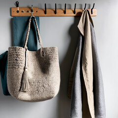 Large handmade crochet bag hanging on a wall hanger beside a jacket and hat, adding cozy, rustic charm to stylish home decor.