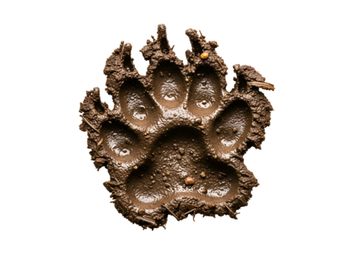 A detailed close-up view of a wet, dark brown animal footprint in mud, set against a stark black background.