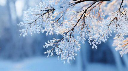 A close-up of a frosty branch sparkling in the winter sun, a beautiful nature scene with backlit ice crystals, a concept of a cold, magical morning, a serene and peaceful winter landscape.

