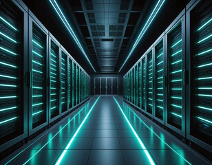 Server racks in a long data center corridor, glowing neon lines, futuristic technology, cyber security.