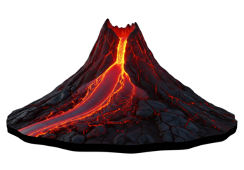 A dramatic, full shot of a volcano erupting, showcasing molten lava flowing down its slopes against a stark black background.
