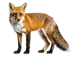 Fototapeta premium A majestic red fox stands tall, showcasing its vibrant fur against a clean white background, a symbol of wild beauty