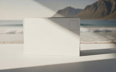 Clean Landscape Postcard Mockup with Soft Natural Shadow on White Table Minimalist Travel Theme