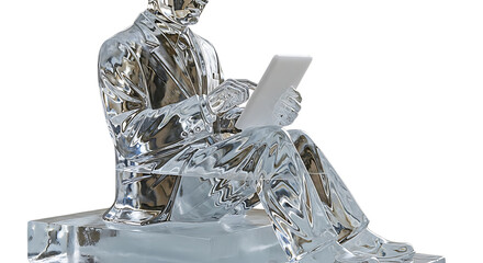 A sculpture of a person made of crumpled aluminum foil, sitting and reading a tablet, isolated transparent