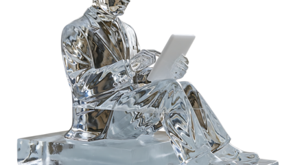 A sculpture of a person made of crumpled aluminum foil, sitting and reading a tablet, isolated transparent
